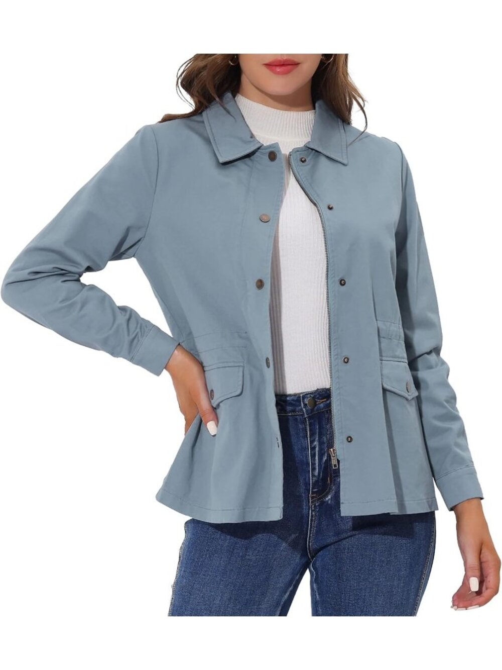Women's Light Grey Zip Up Buttons Drawstring Waist Pockets Anorak Utility Jacket